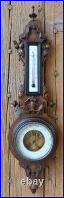 Antique French Wood Walnut Black Forest Barometer Thermometer 19th Century Works
