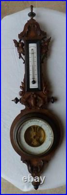 Antique French Wood Walnut Black Forest Barometer Thermometer 19th Century Works