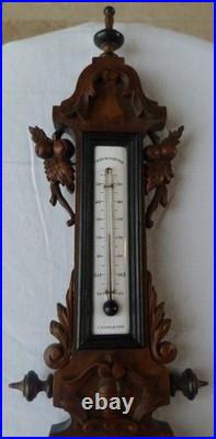 Antique French Wood Walnut Black Forest Barometer Thermometer 19th Century Works