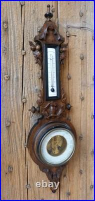 Antique French Wood Walnut Black Forest Barometer Thermometer 19th Century Works