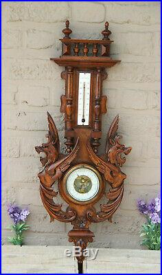 Antique French Wood carved gothic dragon figural barometer