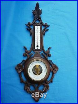 Antique French, barometer, thermometer, carved wood, black forest, 19th