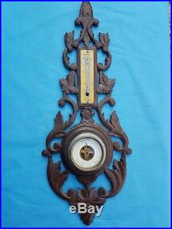 Antique French, barometer, thermometer, carved wood, black forest, 19th