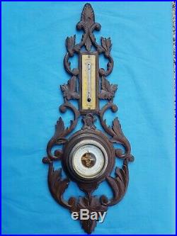 Antique French, barometer, thermometer, carved wood, black forest, 19th