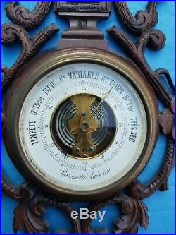 Antique French, barometer, thermometer, carved wood, black forest, 19th