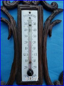 Antique French, barometer, thermometer, carved wood, black forest, 19th