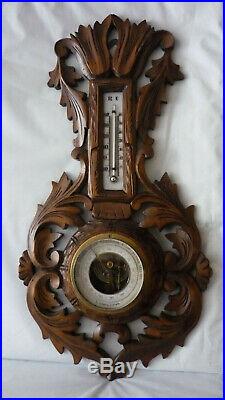 Antique French, barometer, thermometer, carved wood, black forest, early 20th
