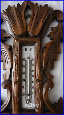 Antique French, barometer, thermometer, carved wood, black forest, early 20th