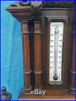 Antique French, barometer, thermometer, carved wood, walnut, renaissance style, 19th