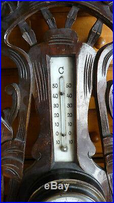 Antique French, barometer, thermometer, new art carved wood, black forest
