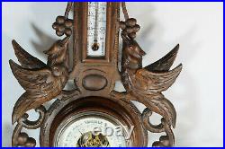 Antique French black forest wood carved design birds dog hunting barometer