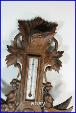Antique French black forest wood carved design birds dog hunting barometer