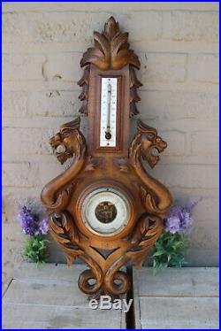 Antique French oak wood carved gothic castle dragon figurine Barometer