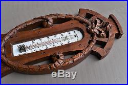 Antique French wall barometer thermometer, carved wood