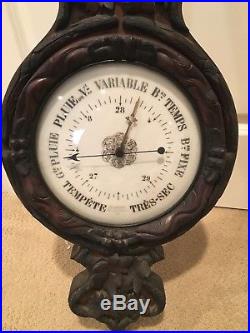 Antique French wall barometer thermometer carved wood Fournie Fab