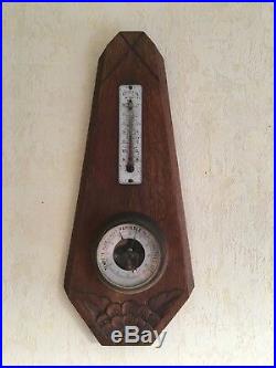 Antique French wall barometer thermometer carved wood flower 1950s