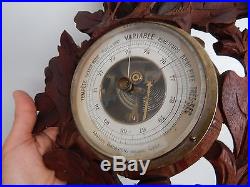 Antique French wall barometer thermometer, carved wood, style black Forest