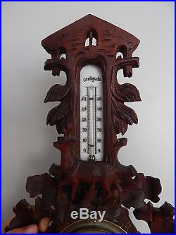 Antique French wall barometer thermometer, carved wood, style black Forest