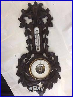 Antique French wall barometer thermometer, carved wood, style black Forest 22.5