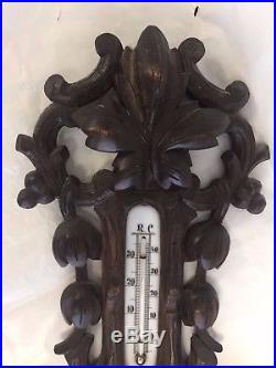 Antique French wall barometer thermometer, carved wood, style black Forest 22.5