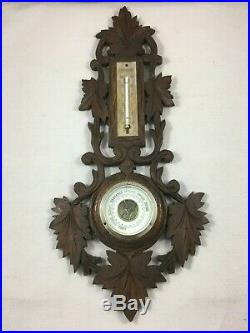 Antique French wall black forest barometer thermometer carved wood