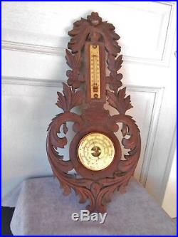 Antique French wood Carved BLACK FOREST Barometer & Thermometer