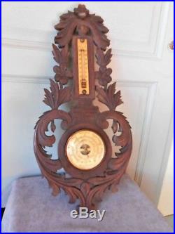 Antique French wood Carved BLACK FOREST Barometer & Thermometer