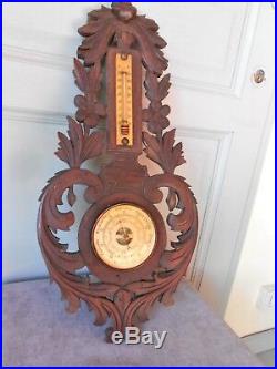 Antique French wood Carved BLACK FOREST Barometer & Thermometer