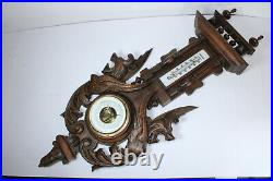 Antique French wood carved Dragon gothic castle wall barometer