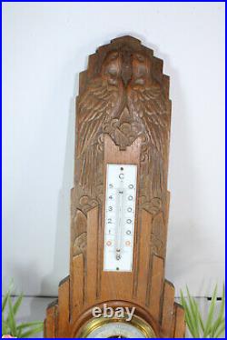 Antique French wood carved art deco birds barometer