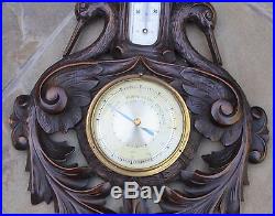 Antique GERMAN Dark Oak BLACK FOREST Barometer Thermometer BIRDS ROSETTE FLORAL