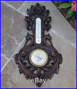 Antique GERMAN Dark Oak BLACK FOREST Barometer Thermometer BIRDS ROSETTE FLORAL