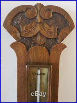 Antique Gamage London Victorian Carved Oak Aneroid Wall Barometer & Thermometer