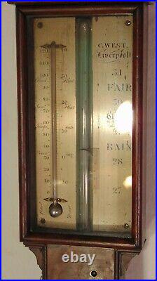 Antique Georgian English Mahogany Stick Barometer Thermometer C West Liverpool