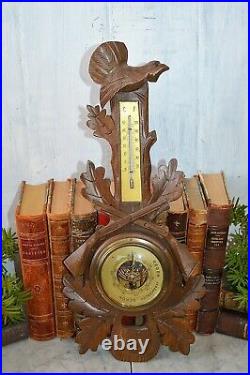 Antique German Black Forest Carved Wood Barometer Hunt Theme Bird Guns Bag