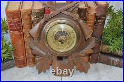 Antique German Black Forest Carved Wood Barometer Hunt Theme Bird Guns Bag