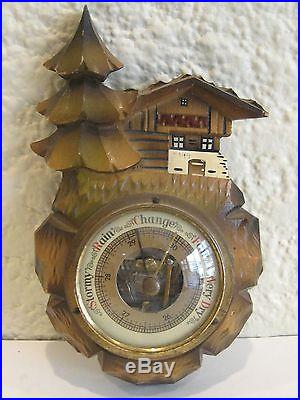 Antique German Black Forest Carved Wood Figural Pinecone House Weather Barometer