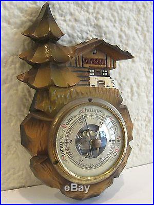 Antique German Black Forest Carved Wood Figural Pinecone House Weather Barometer
