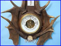 Antique German Black Forest Thermometer Barometer Large Stag Antler Rosette