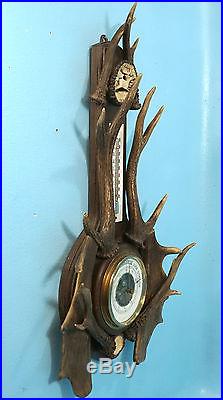 Antique German Black Forest Thermometer Barometer Large Stag Antler Rosette