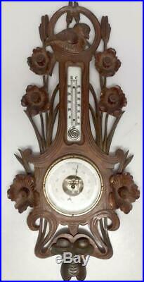 Antique German Hand-Carved Banjo Aneroid Barometer with Thermometer