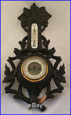 Antique German Sturm Black Forest Wood Carved Barometer Thermometer