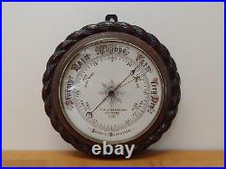Antique Grimsby Carved Oak & Brass Aneroid Large Ship Barometer Made In England