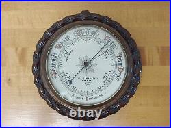 Antique Grimsby Carved Oak & Brass Aneroid Large Ship Barometer Made In England