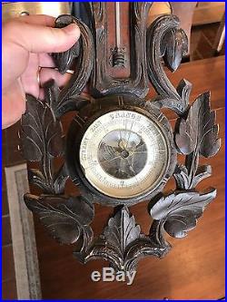 Antique Hand Carved Black Forest German Weather Station Barometer & Thermometer