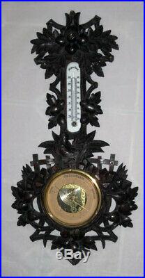 Antique Hand Carved Black Forest Wall Thermometer & Barometer Instrument Germany