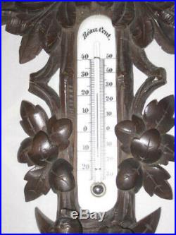 Antique Hand Carved Black Forest Wall Thermometer & Barometer Instrument Germany