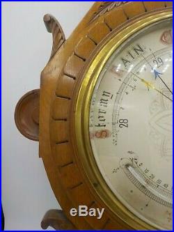 Antique Hand Carved Wood Barometer Curved Thermometer Weather Station Works Fab