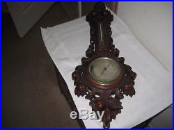 Antique Hand Carved Wood Wall Barometer Thermometer Tiger Oak circa 1880-1890's