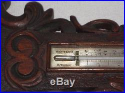 Antique Hand Carved Wood Wall Barometer Thermometer Tiger Oak circa 1880-1890's
